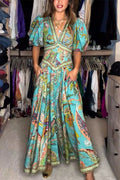 Airy maxi dress with puff sleeves and V-neck