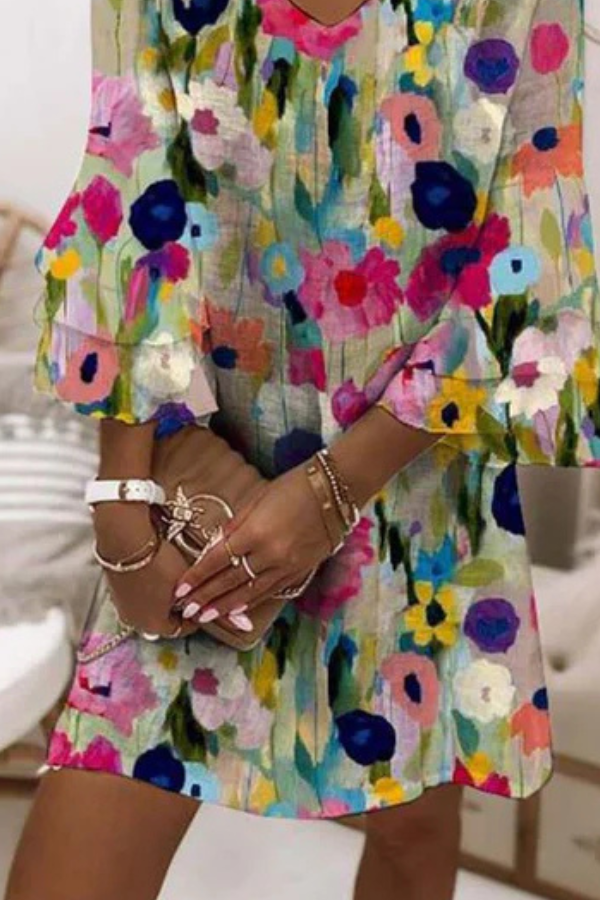 Tabitha - Romantic Floral Print V-Neck Mini Dress
