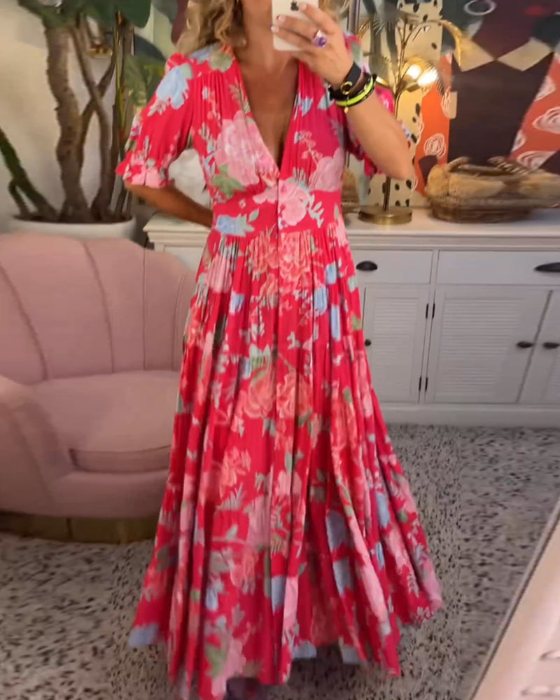 Reagan - V-Neck Short Sleeve Floral Maxi Dress
