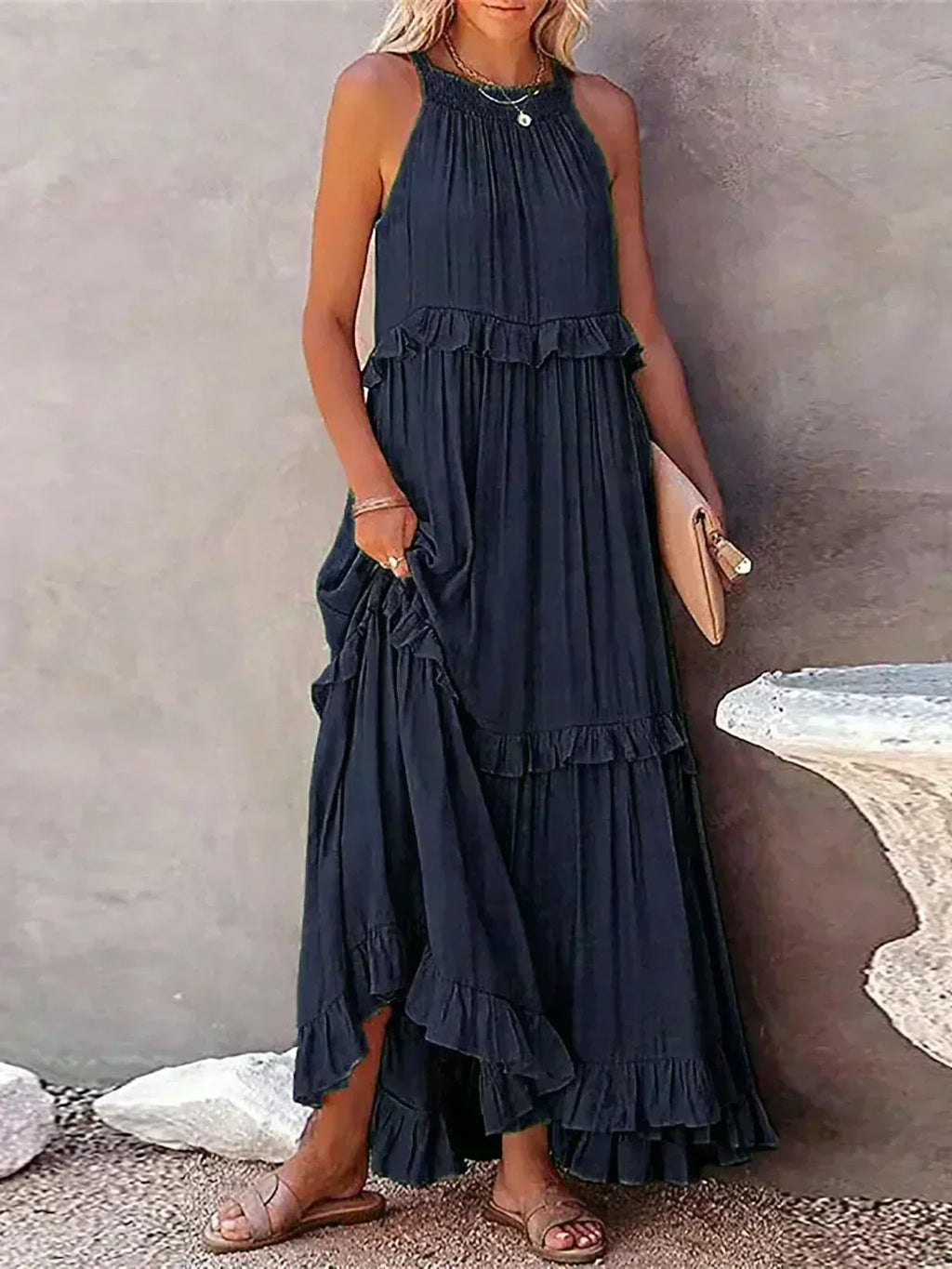 Delilah - Elegant Halter Neck Ruffle Trim Dress