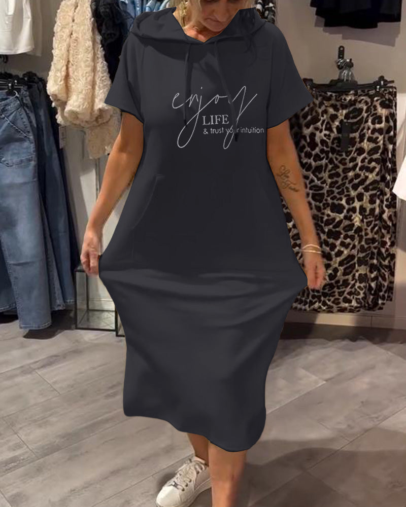 Parker - Casual Letter Print Hooded Pullover Dress