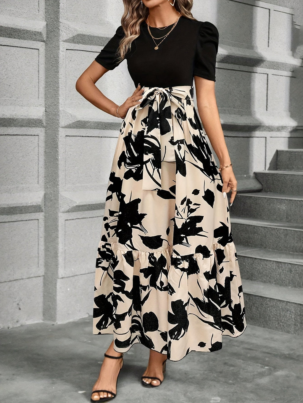 Briony - Floral High-Waist Dress with Ruffle Hem