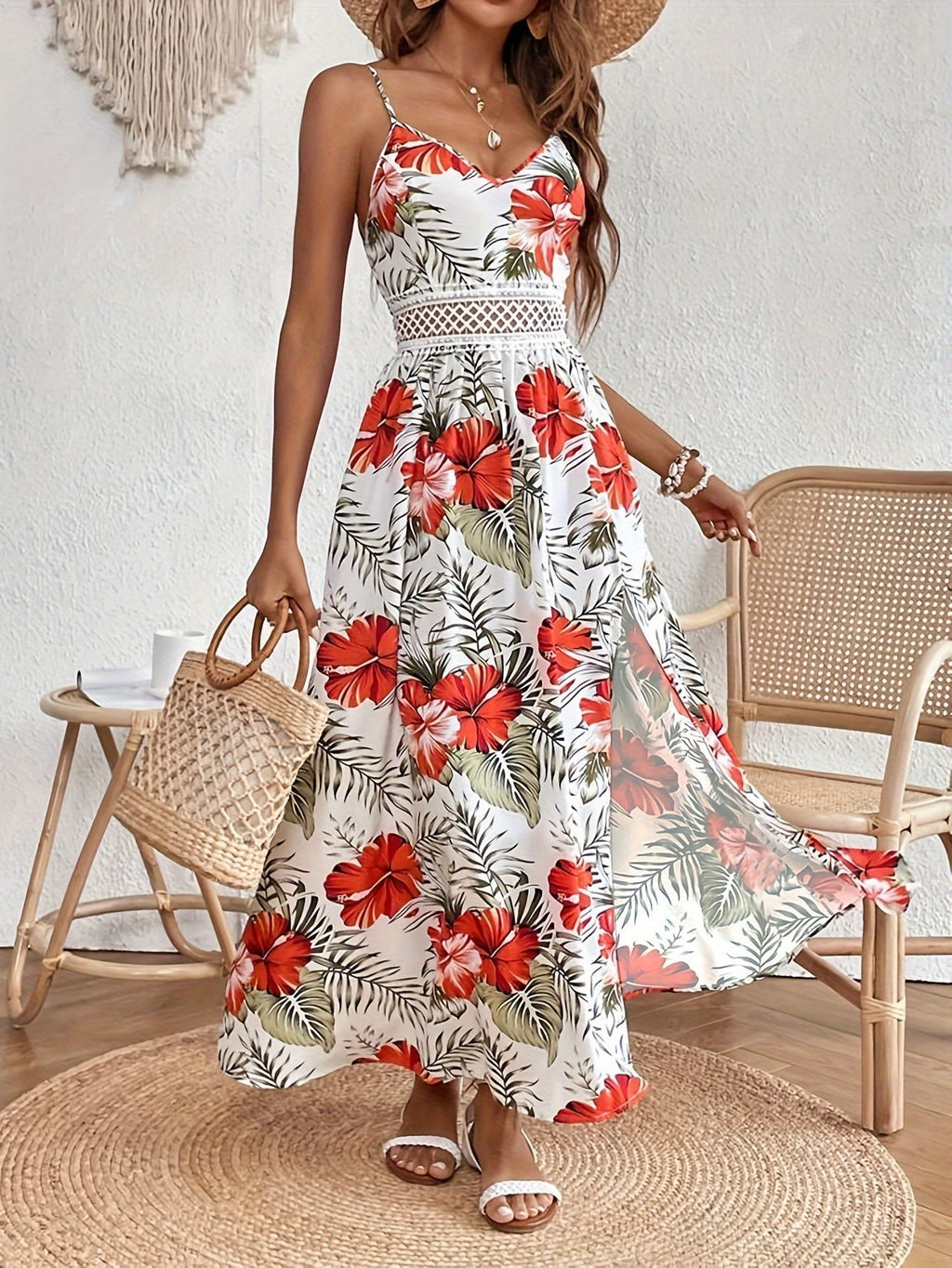 Maple - Floral V-Neck Suspender Maxi Dres