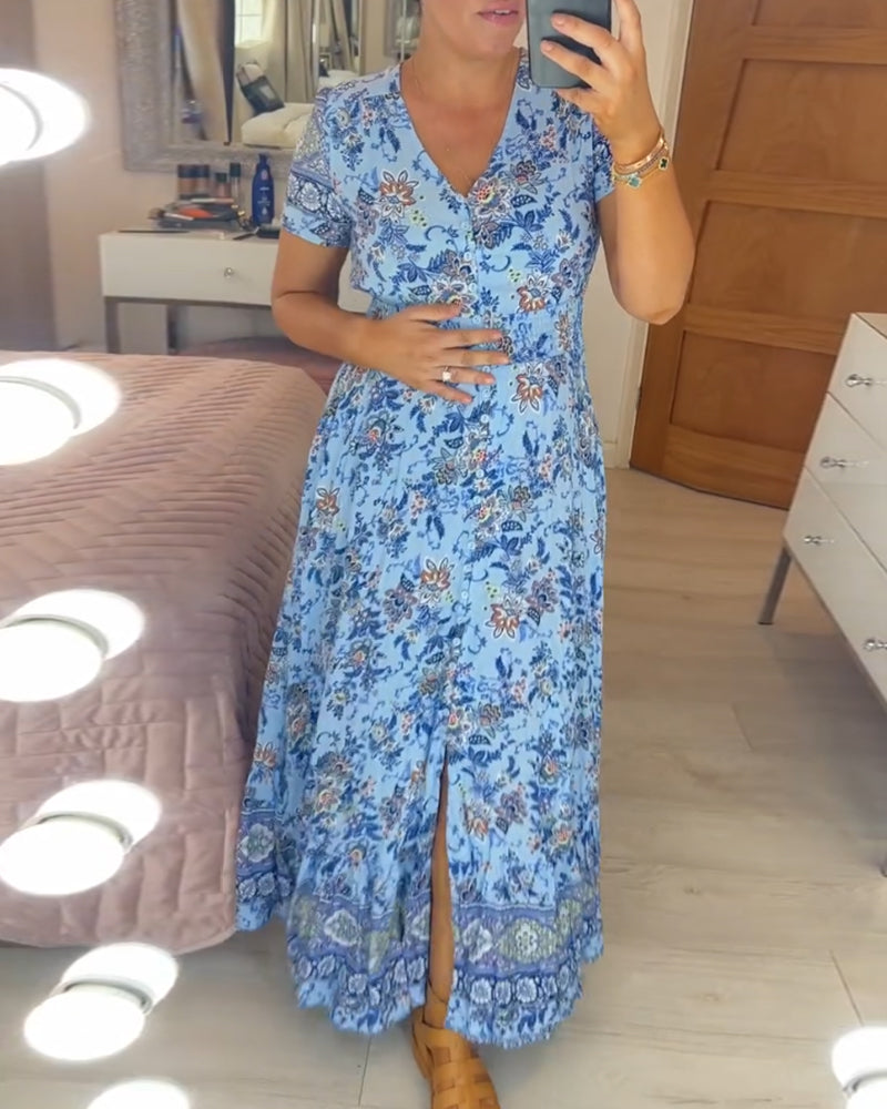 Ellie - Elegant Floral V-Neck Pleated Hem Dress