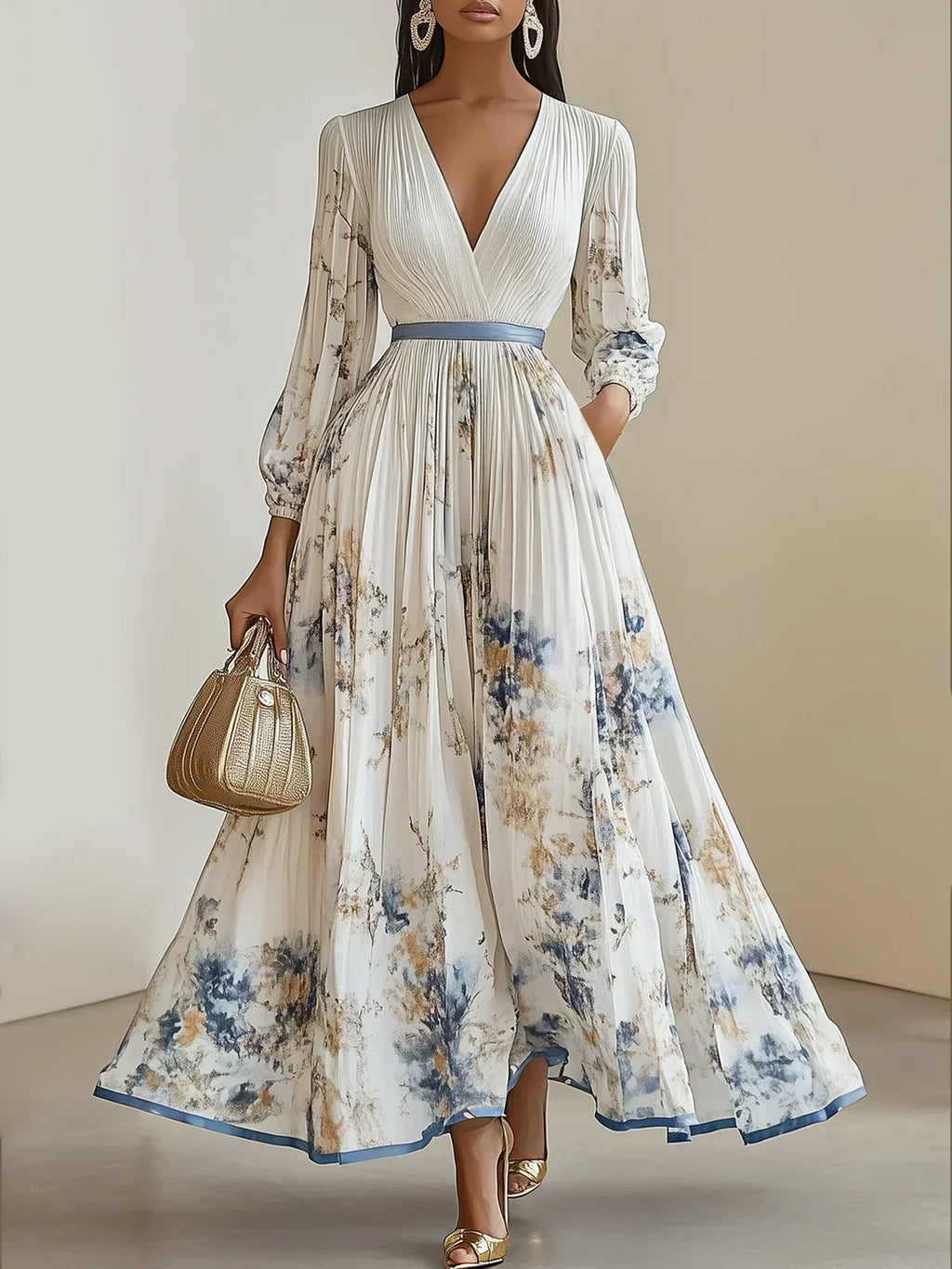 Halston - Elegant V-Neck Puff Sleeves Maxi Dress