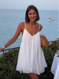Olive - Pleated V-neck Mini Beach Dress