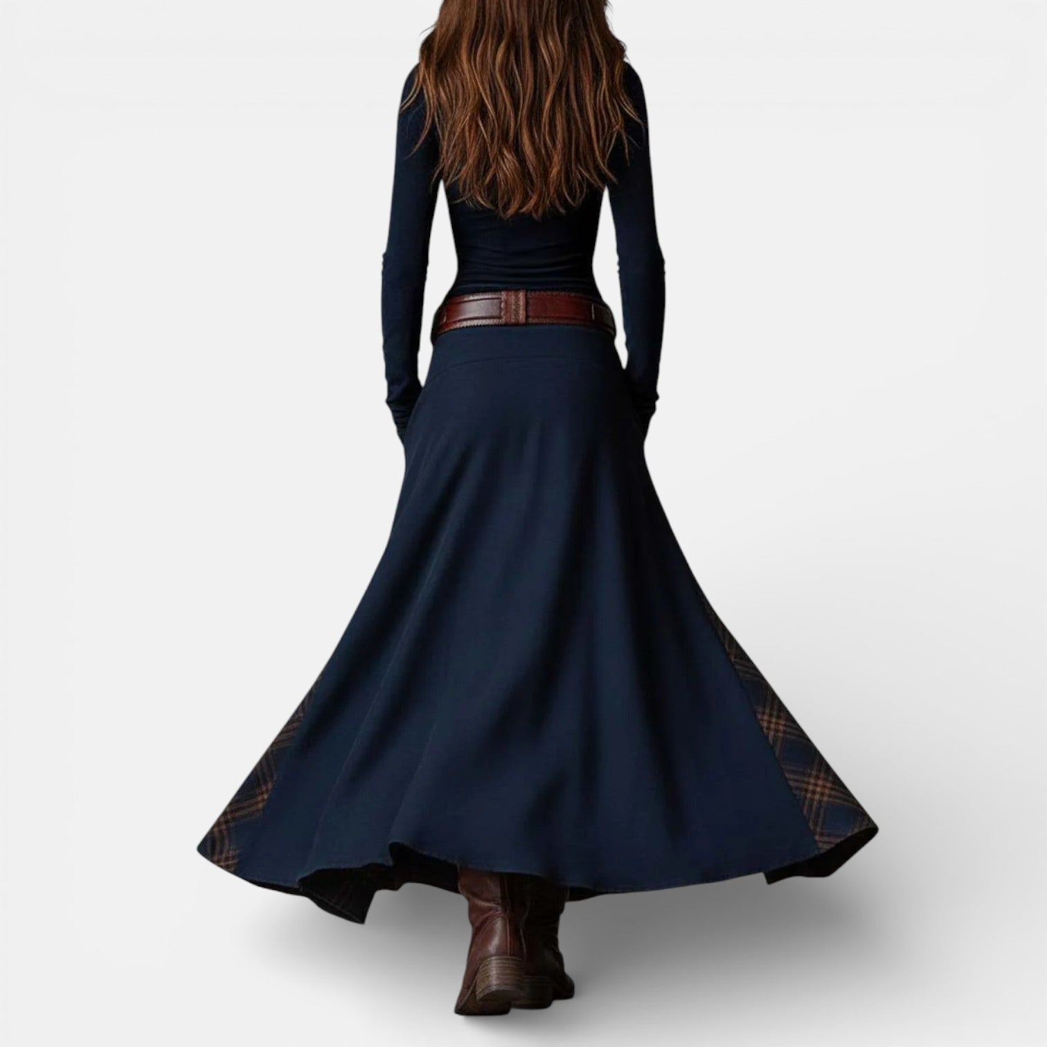 Leonora | Vintage Long Dress in Navy Blue Suede Check (Includes Belt)