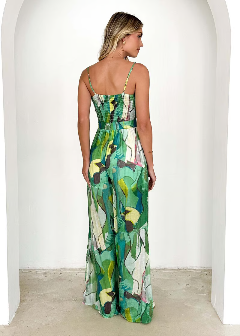 Annalise - Chic Printed Suspender Strap Long Dress