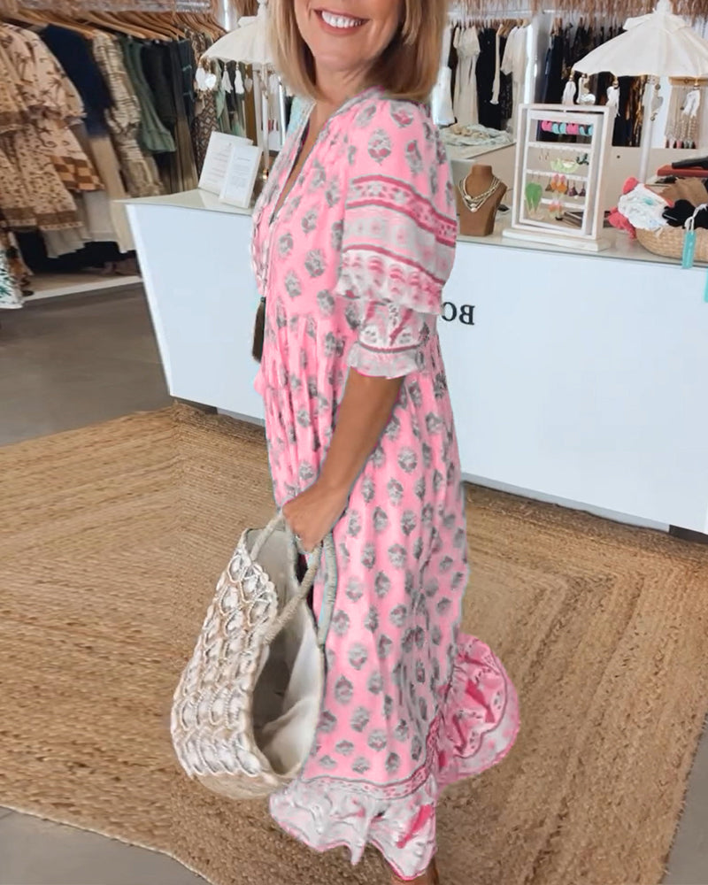 Jasmine - Relaxed Long Lantern Sleeves Boho Maxi Dress