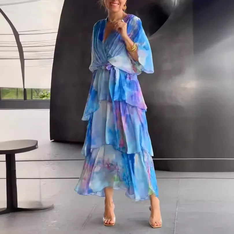 Solstice - Flowy Half Sleeve Long Layered Party Dress