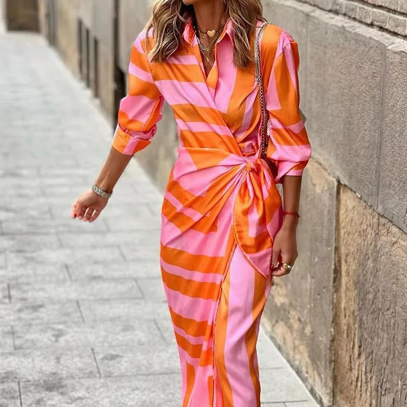 Zella - Fashion V-Neck Striped Lace-Up Midi Dress